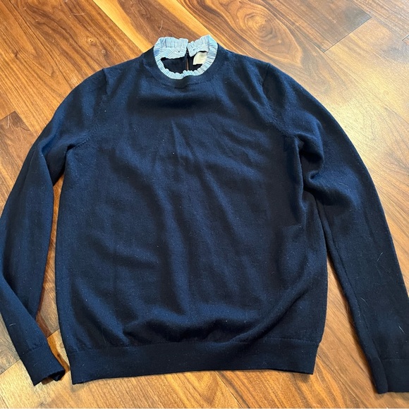 Sold on XP Sezane Eduardo Navy Wool Sweater w Seersucker collar - Picture 2 of 8